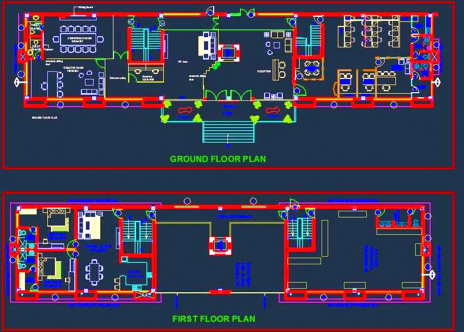 Two-Floor Office Design DWG with VIP Areas and 2BHK Apartment